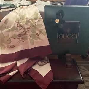 Vintage rare Gucci Silk Scarf with Burgundy and Cream Accents